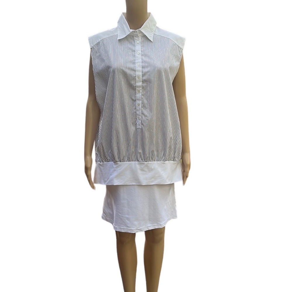 Anne Fontaine Cyanne White Cotton Black Pinstripe Tunic Shirt Size 44 US 12